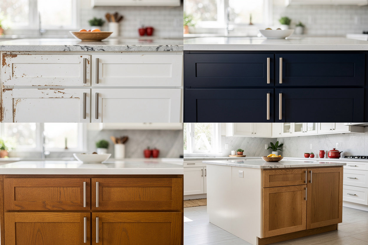 Painter kitchen cabinet refinishing before and after transformations in San Diego, Ocean Beach, Point Loma - factory-smooth hand-finished cabinets