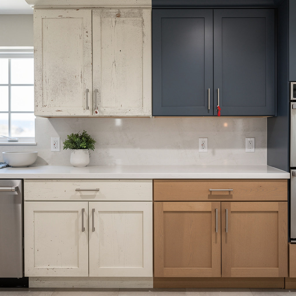 Painter professional cabinet refinishing transformation - before and after kitchen cabinets in San Diego