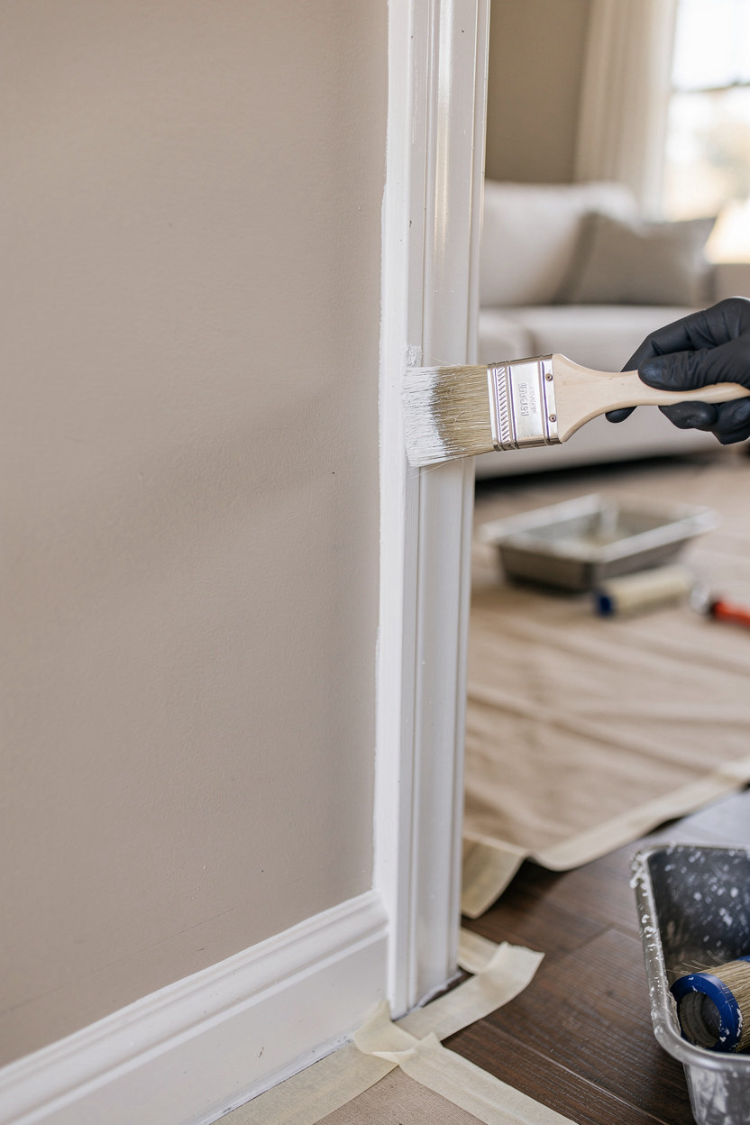 Painter professional interior painting with sharp trim lines and careful edges in San Diego home